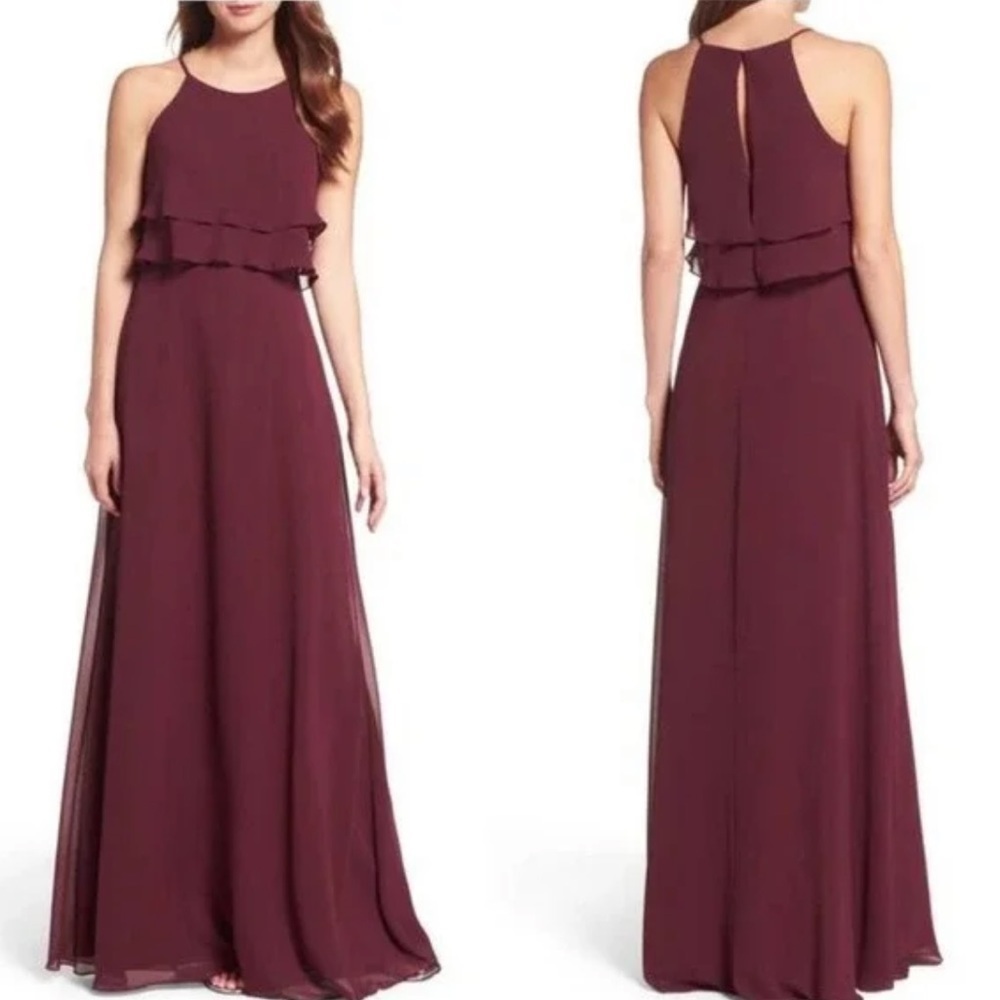 Jenny Yoo Charlie Ruffle Chiffon Gown Burgundy Size 8